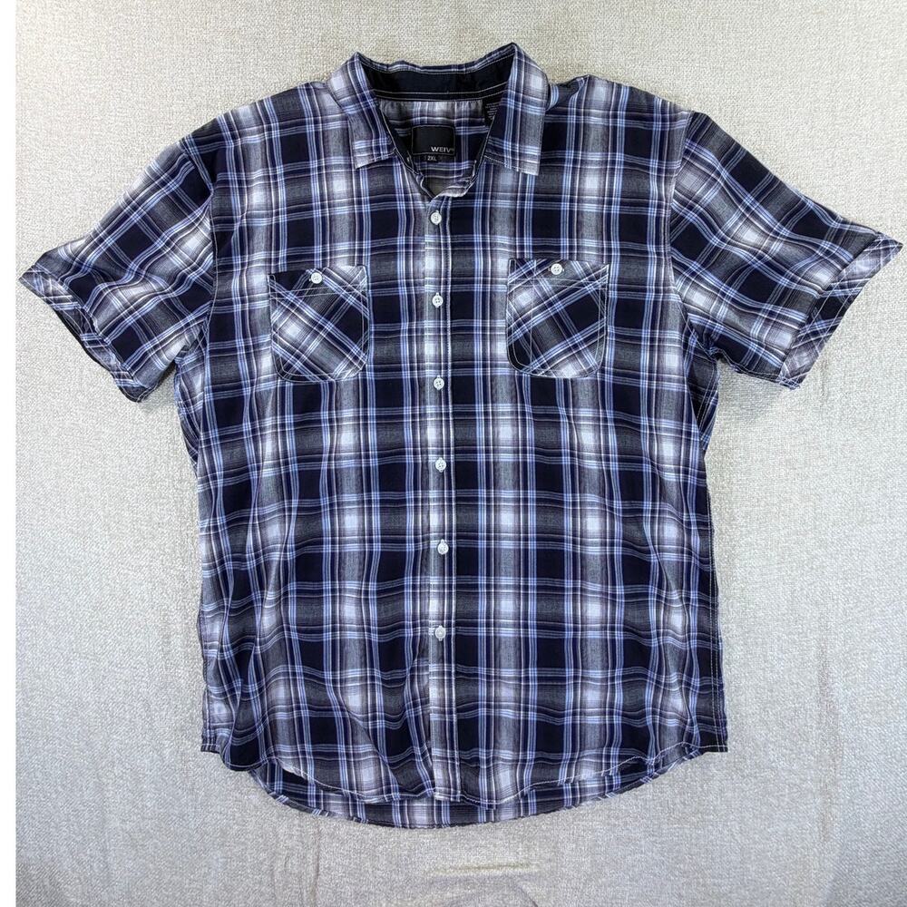WEIV Men 2XL Black Blue Plaid Lightweight Short Sleeve Button Front Casual Shirt